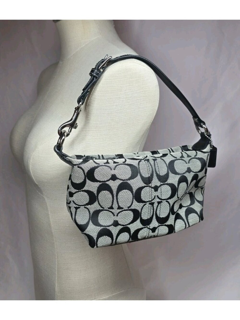 Coach Black Gray Signature Demi Hobo Shoulder Bag Y2K Jacquard Canvas Vintage